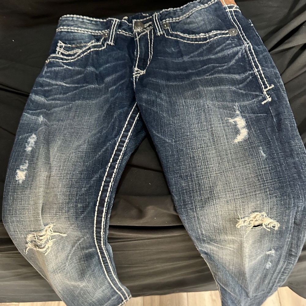 Men's Distressed Blue Jeans-Rivet de Cru jeans size 34x32